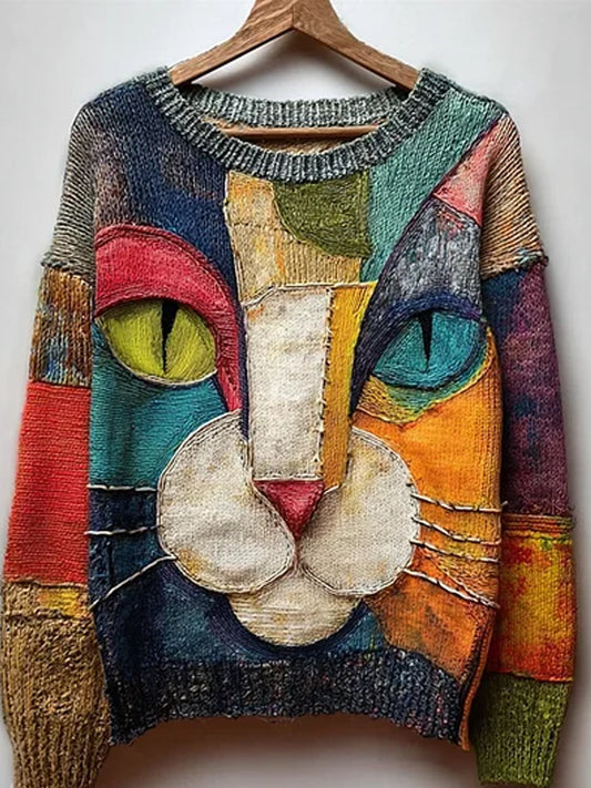 Vintage abstrakcyjny sweter z nadrukiem zwierząt na co dzień