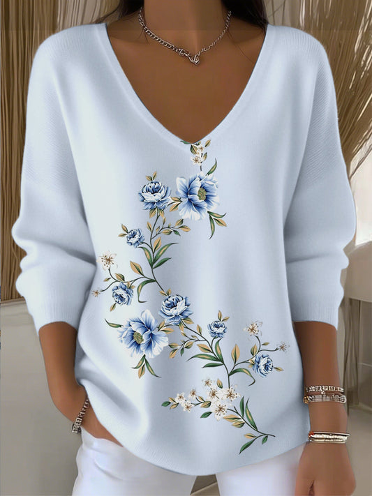 Damski temperament kwiatowy haft niebieski sweter z dekoltem w szpic