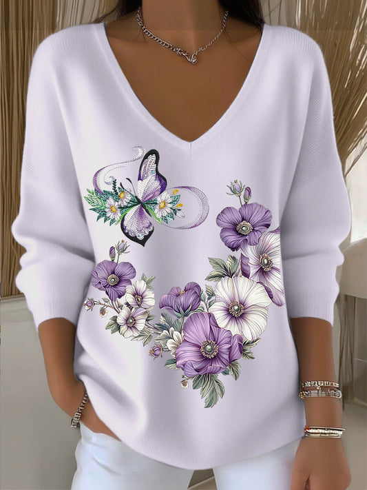 Damski temperament fioletowy kwiatowy haft motylkowy sweter z dekoltem w szpic