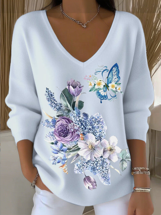 Damski temperament niebieski kwiatowy motyl haft sweter z dekoltem w szpic