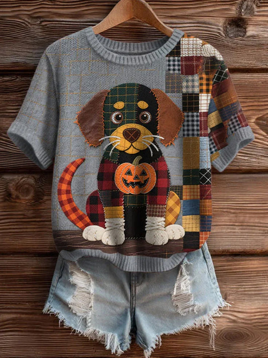 Damski artystyczny nadruk zwierzęcy wygodny top z dzianiny z krótkim rękawem