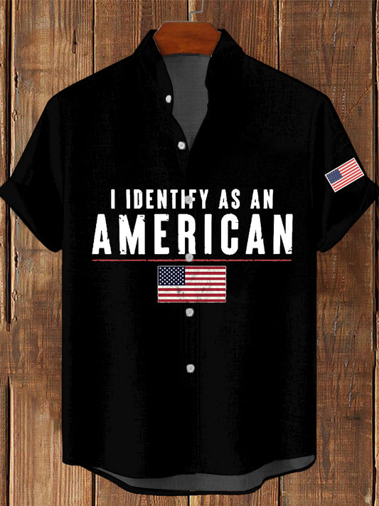 Męski Vintage I identyfikuje się jako amerykański nadruk dorywczo bawełniana koszula kieszonkowa z krótkim rękawem