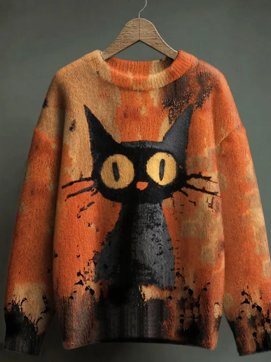 Damski sweter w stylu vintage z nadrukiem zwierzęcym Comfort