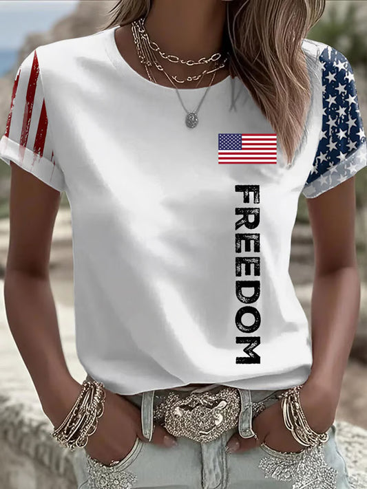 Damska pamiątkowa koszulka z nadrukiem z amerykańską flagą wolności