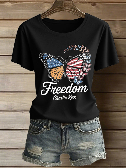 Damska koszulka z krótkim rękawem Charlie Kirk Freedom Printed Vintage Fashion Loose