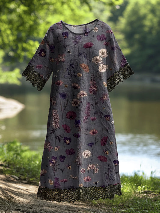 Damska koronkowa sukienka midi z nadrukiem w kwiaty w stylu vintage