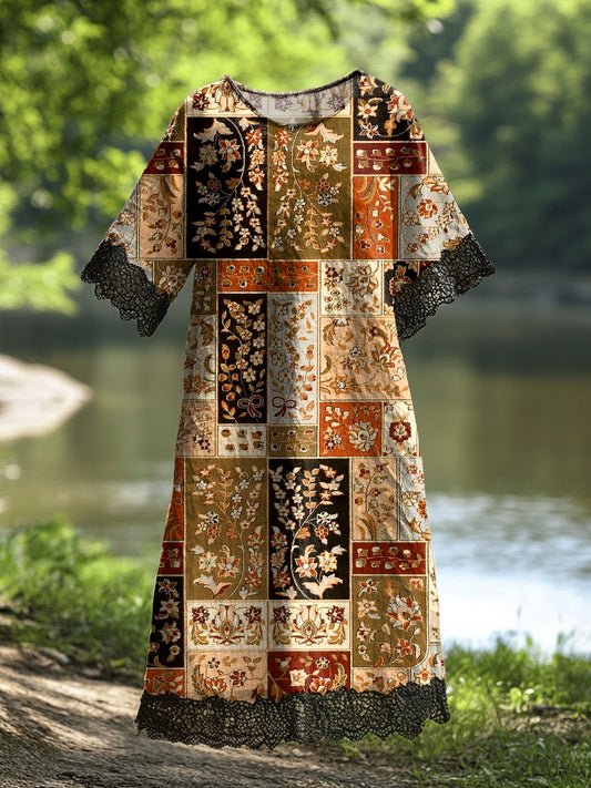 Damska koronkowa sukienka midi z nadrukiem w kwiaty w stylu vintage