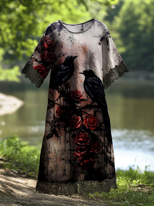 Damska sukienka midi w stylu vintage Crow Art z nadrukiem bawełnianym