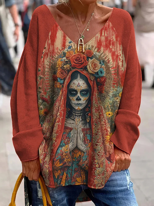 Vintage meksykański Dzień Zmarłych Art Print Casual Top z dekoltem w szpic