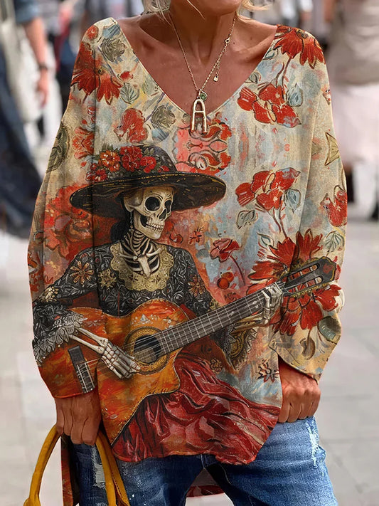 Vintage meksykański Dzień Zmarłych Art Print Casual Top z dekoltem w szpic