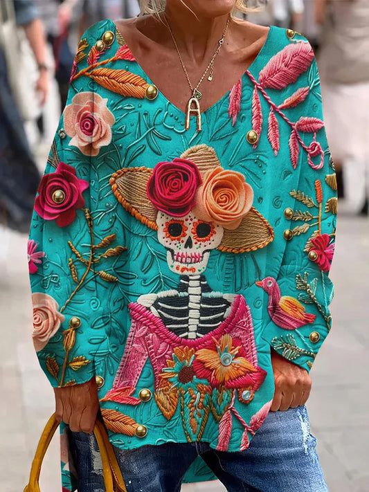 Vintage meksykański Dzień Zmarłych Art Print Casual Top z dekoltem w szpic