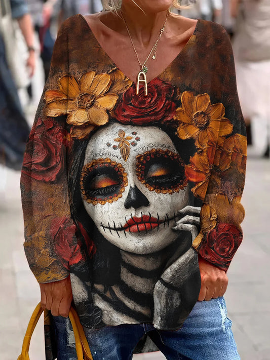 Vintage meksykański Dzień Zmarłych Art Print Casual Top z dekoltem w szpic