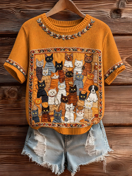 Damski artystyczny nadruk zwierzęcy wygodny top z dzianiny z krótkim rękawem