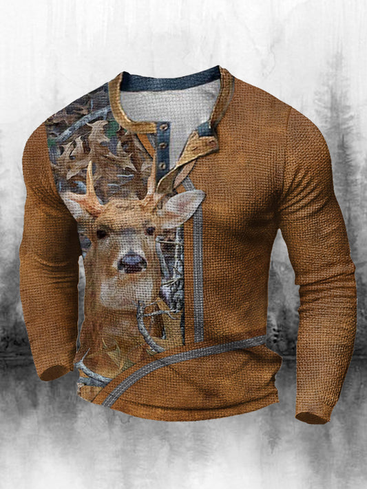 Męski golf z nadrukiem zachodnim w stylu retro luźny 3 guziki Henley Neck z długim rękawem