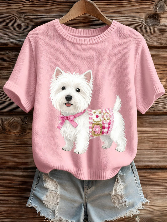 Damski artystyczny nadruk zwierzęcy wygodny top z dzianiny z krótkim rękawem