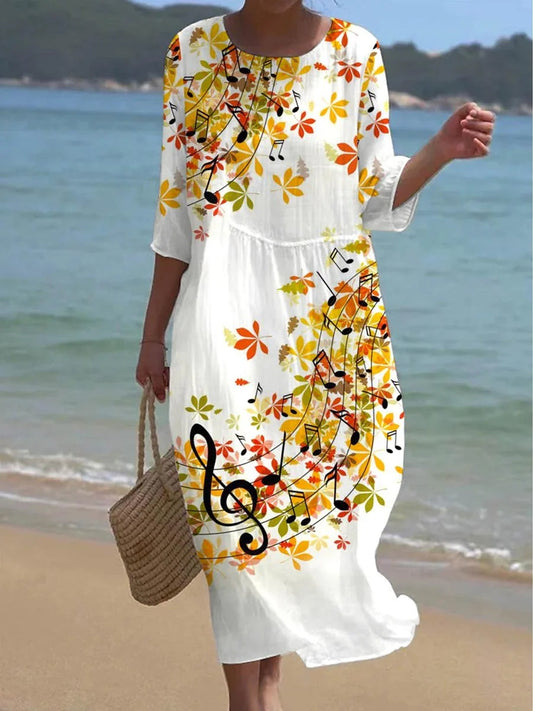 Damska sukienka z okrągłym dekoltem w kwiaty z nadrukiem temperamentu