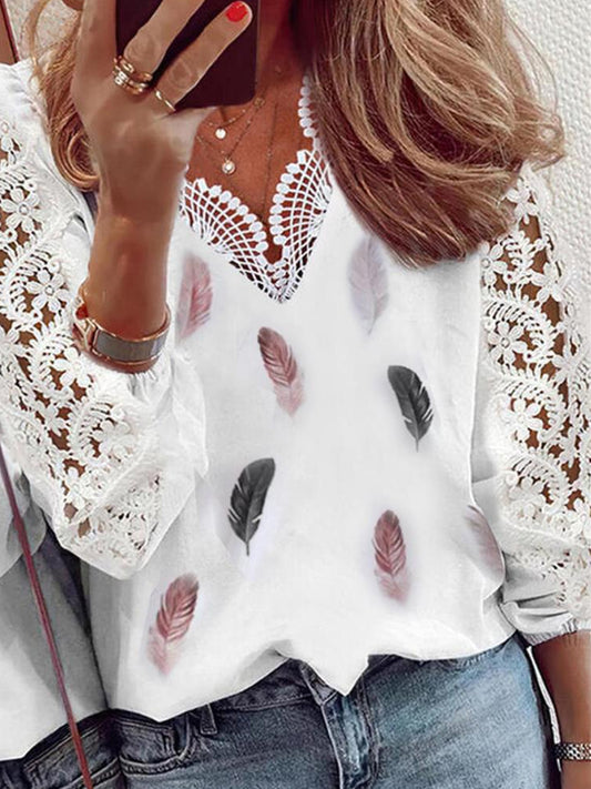 Damska casualowa koszulka z długim rękawem i koronkowa koszulka z nadrukiem w szpic