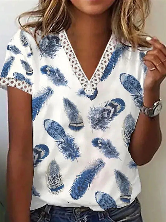 Damska casualowa koszulka z krótkim rękawem w szpic z dekoltem w szpic