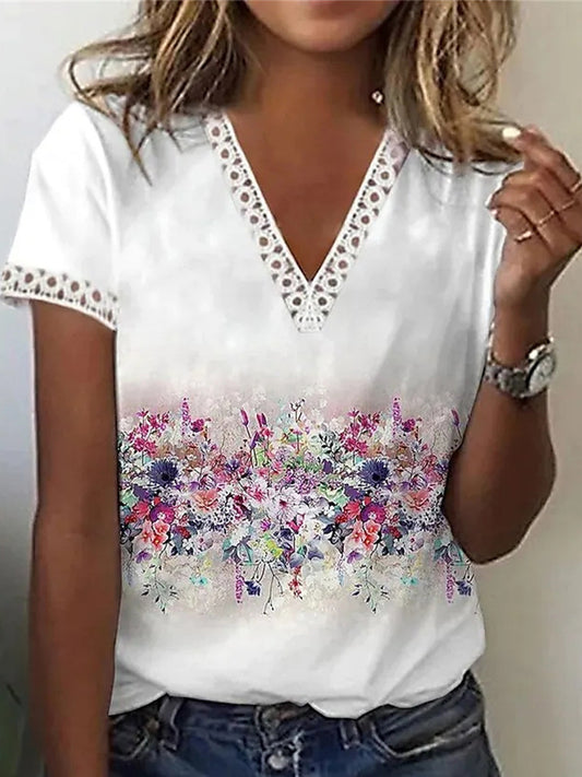 Damska koszulka z krótkim rękawem w kwiecisty dekolt w szpic