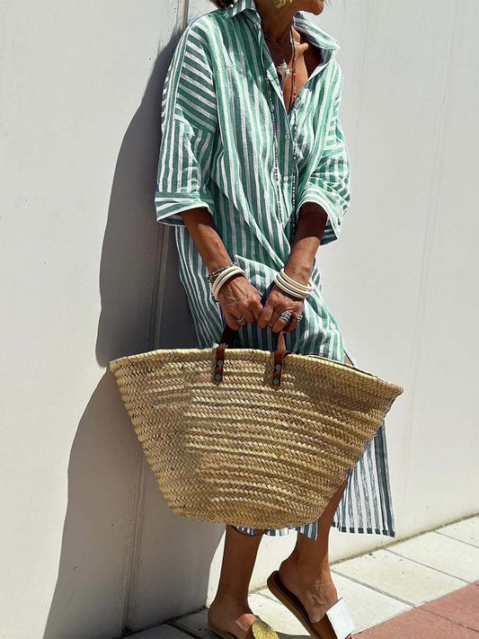 Damska koszula kołnierzyk w paski luźna wakacyjna spódnica maxi