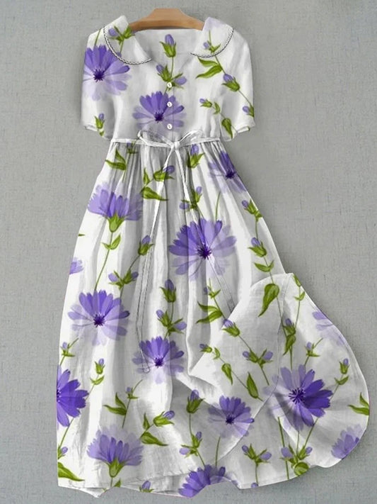 Retro boho kwiatowy nadruk vintage szykowny guzik z długim rękawem midi sukienka