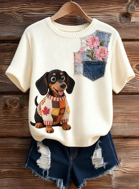 Damski artystyczny nadruk zwierzęcy wygodny top z dzianiny z krótkim rękawem