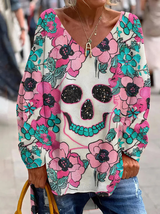 Vintage meksykański dzień zmarłych artystyczny nadruk z dekoltem w szpic