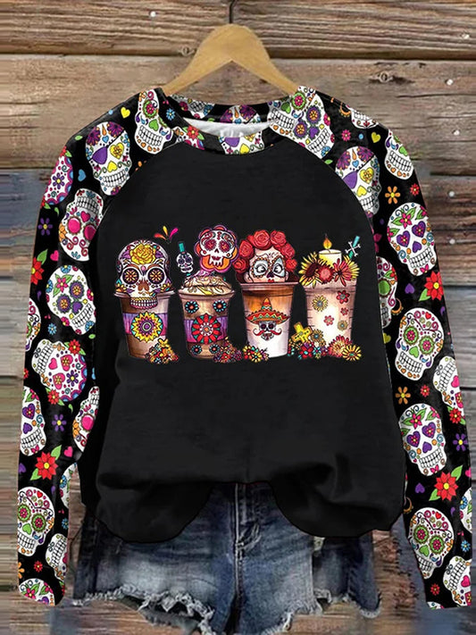 Vintage Mexican Day Of The Dead Art Print Casual I Wygodny Sweter