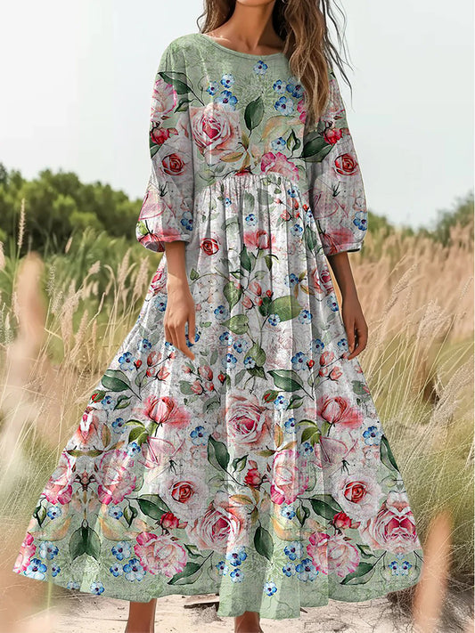 Retro Boho kwiatowy nadruk Vintage chic okrągły dekolt Bawełniana sukienka midi z długim rękawem