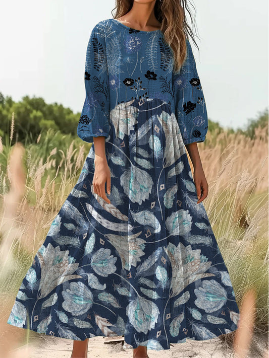 Retro Boho kwiatowy nadruk Vintage chic okrągły dekolt Bawełniana sukienka midi z długim rękawem