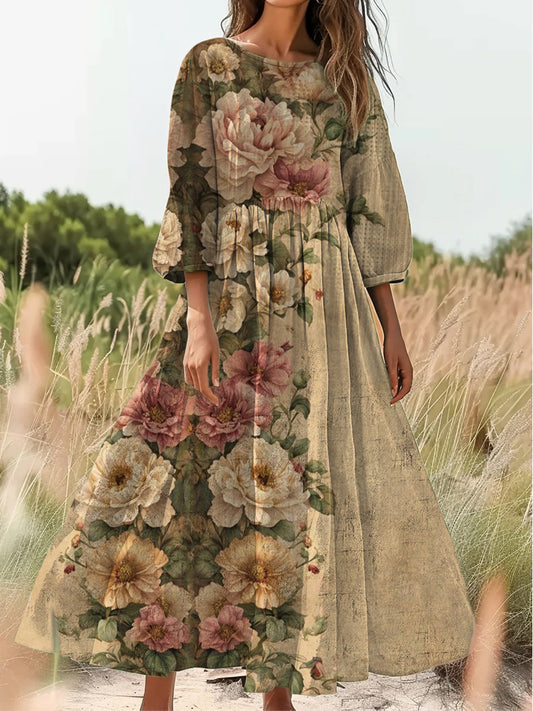 Retro Boho kwiatowy nadruk Vintage chic okrągły dekolt Bawełniana sukienka midi z długim rękawem