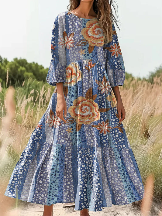 Retro Boho kwiatowy nadruk Vintage chic okrągły dekolt Bawełniana sukienka midi z długim rękawem