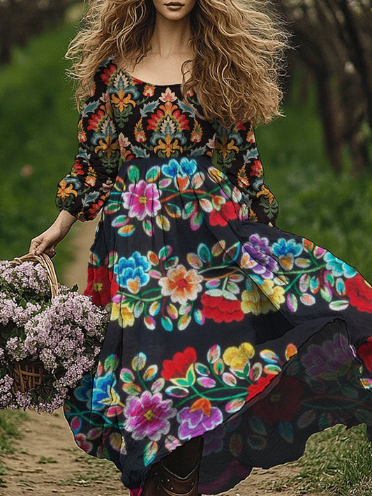 Retro boho kwiatowy nadruk w stylu vintage szyk z okrągłym dekoltem z długim rękawem midi