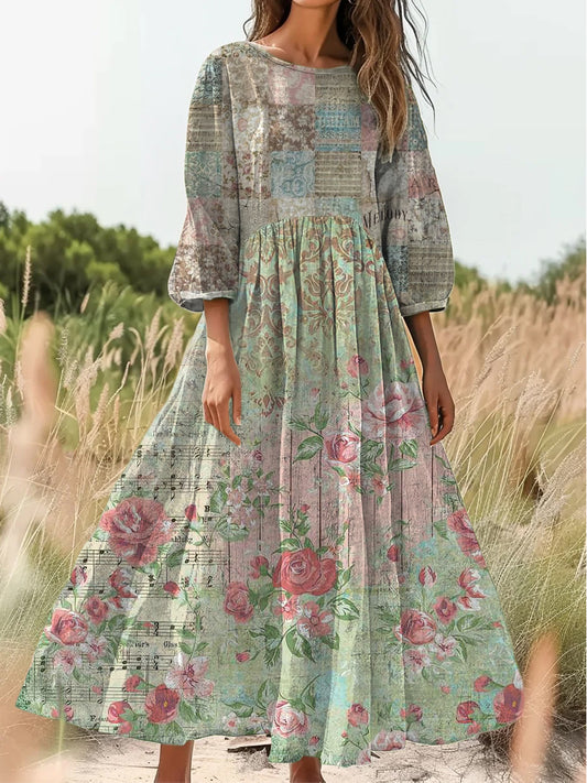 Retro Boho kwiatowy nadruk Vintage chic okrągły dekolt Bawełniana sukienka midi z długim rękawem