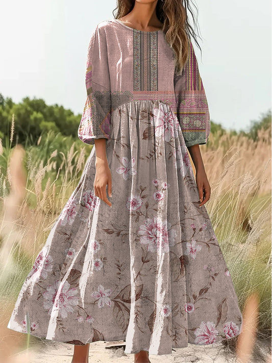 Retro Boho kwiatowy nadruk Vintage chic okrągły dekolt Bawełniana sukienka midi z długim rękawem