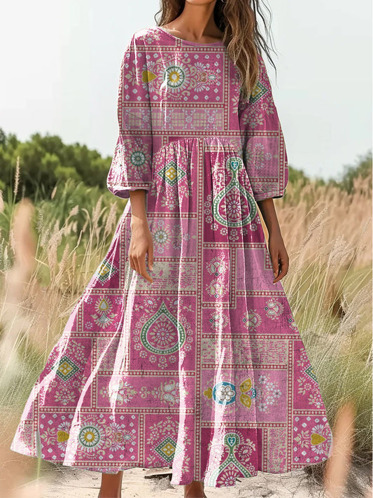 Retro Boho kwiatowy nadruk Vintage chic okrągły dekolt Bawełniana sukienka midi z długim rękawem