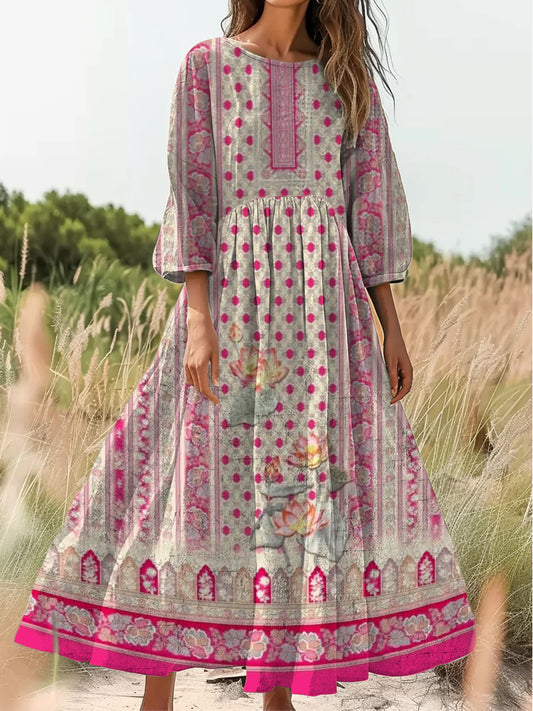 Retro Boho kwiatowy nadruk Vintage chic okrągły dekolt Bawełniana sukienka midi z długim rękawem