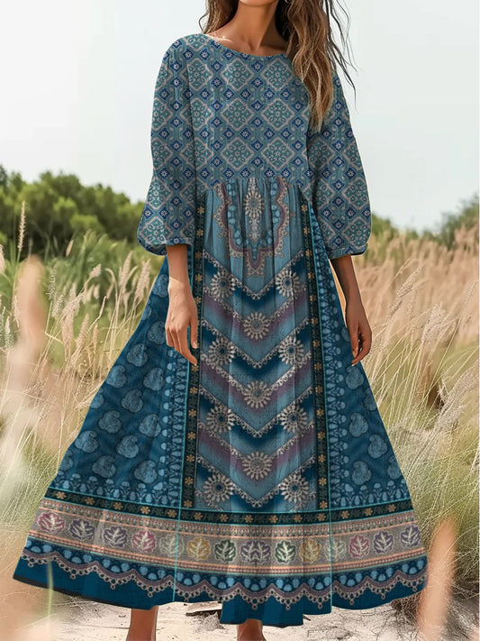 Retro Boho kwiatowy nadruk Vintage chic okrągły dekolt Bawełniana sukienka midi z długim rękawem