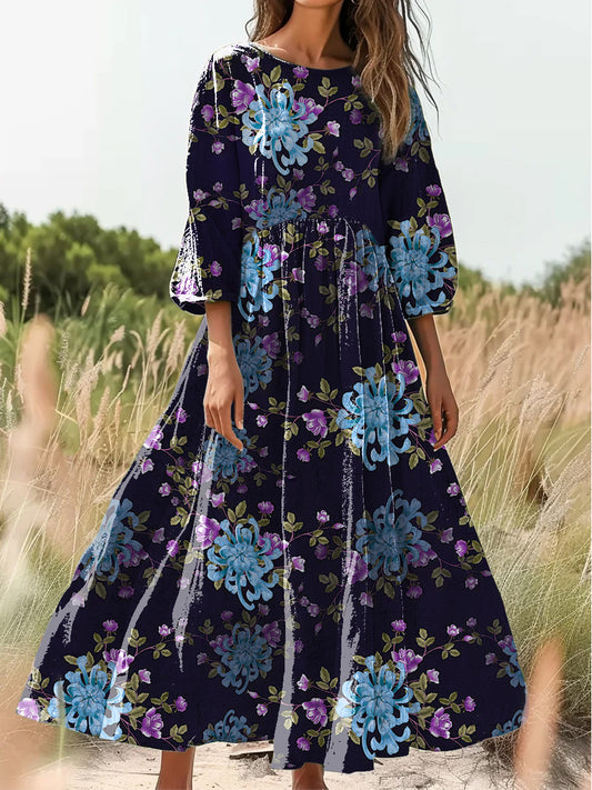 Retro Boho kwiatowy nadruk Vintage chic okrągły dekolt Bawełniana sukienka midi z długim rękawem