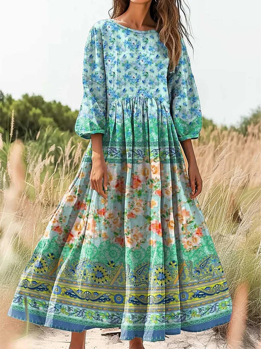 Retro Boho kwiatowy nadruk Vintage chic okrągły dekolt Bawełniana sukienka midi z długim rękawem