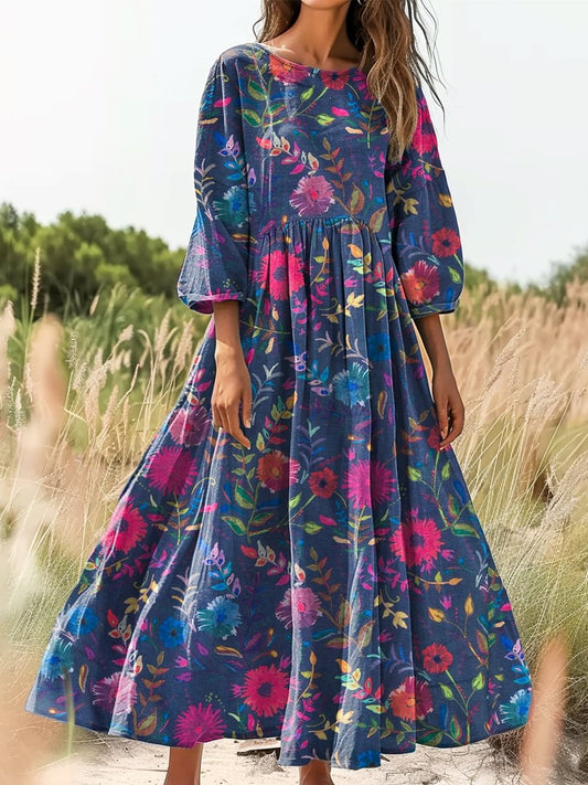 Retro Boho kwiatowy nadruk Vintage chic okrągły dekolt Bawełniana sukienka midi z długim rękawem