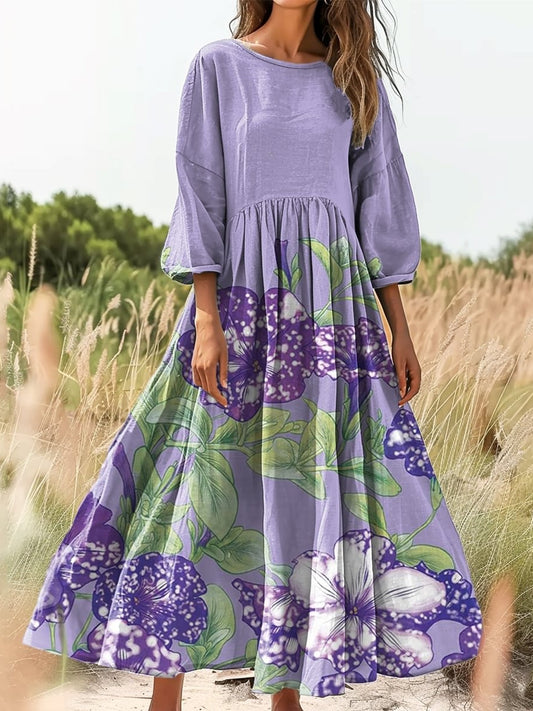 Retro Boho kwiatowy nadruk Vintage chic okrągły dekolt Bawełniana sukienka midi z długim rękawem