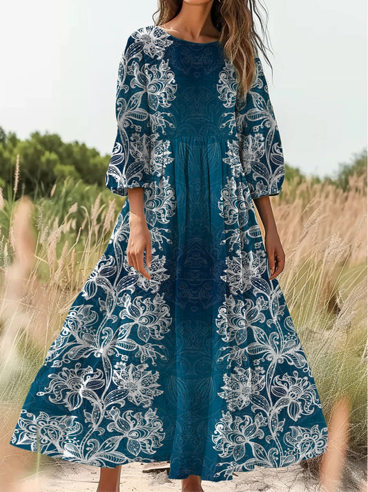 Retro Boho kwiatowy nadruk Vintage chic okrągły dekolt Bawełniana sukienka midi z długim rękawem