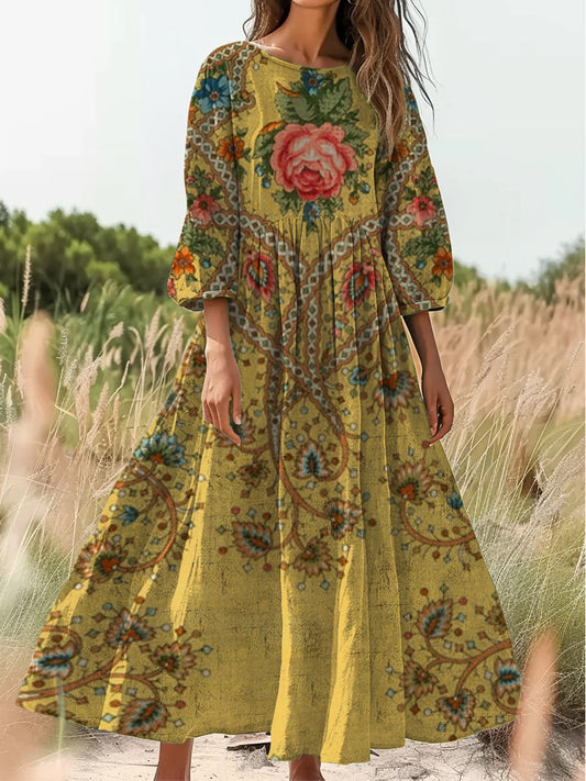 Retro Boho kwiatowy nadruk Vintage chic okrągły dekolt Bawełniana sukienka midi z długim rękawem