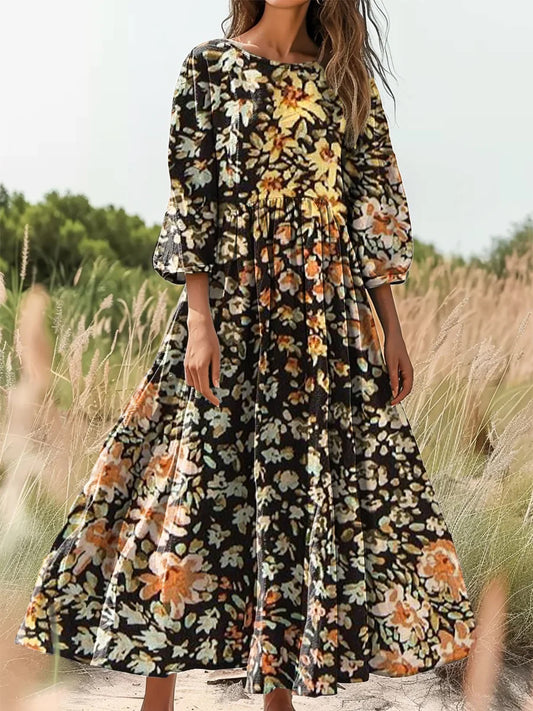 Retro Boho kwiatowy nadruk Vintage chic okrągły dekolt Bawełniana sukienka midi z długim rękawem