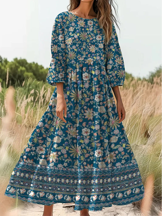 Retro Boho kwiatowy nadruk Vintage chic okrągły dekolt Bawełniana sukienka midi z długim rękawem