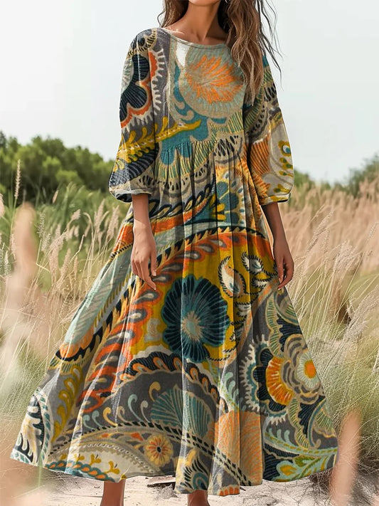 Retro Boho kwiatowy nadruk Vintage chic okrągły dekolt Bawełniana sukienka midi z długim rękawem
