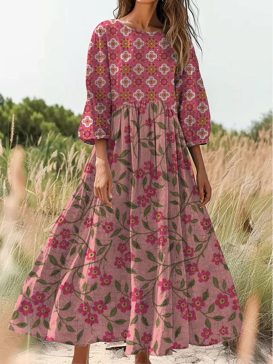 Retro Boho kwiatowy nadruk Vintage chic okrągły dekolt Bawełniana sukienka midi z długim rękawem