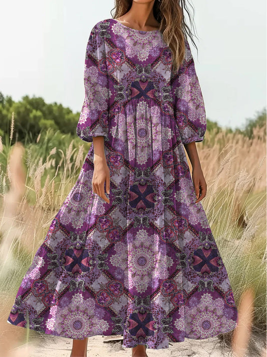 Retro Boho kwiatowy nadruk Vintage chic okrągły dekolt Bawełniana sukienka midi z długim rękawem