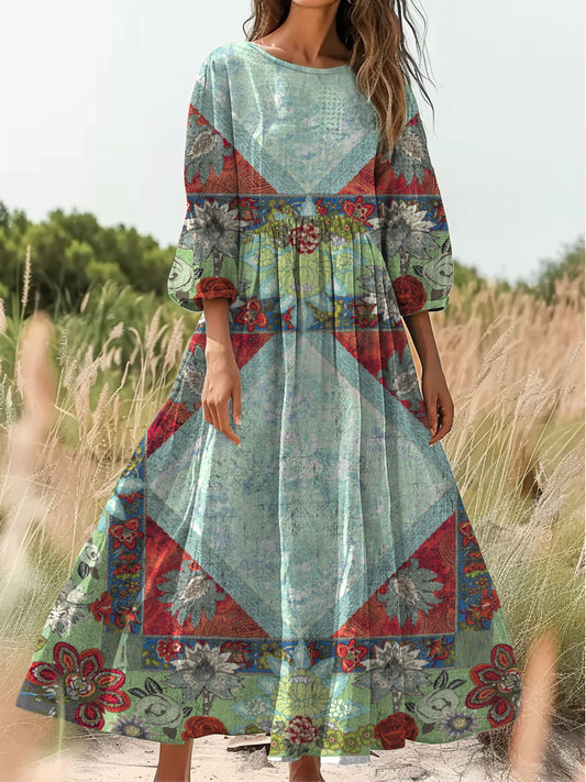 Retro Boho kwiatowy nadruk Vintage chic okrągły dekolt Bawełniana sukienka midi z długim rękawem